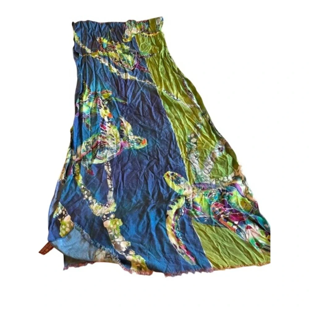 Life's A Blast Silk Blend Sea Turtle Scarf Blue Green Crinkle Frayed Wrap